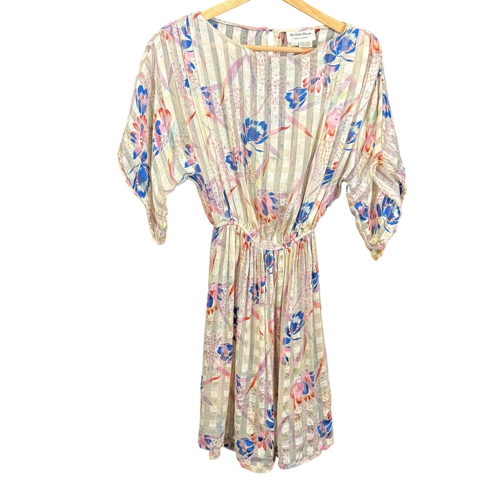 The Silk Farm Vintage 80s 100% Silk Floral Striped Jacquard Dress Pastel Women 6